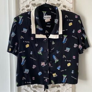 Perceptions Vintage Paris Themed Print Blouse Top Sz 14 Whimsical Artsy 80s 90s